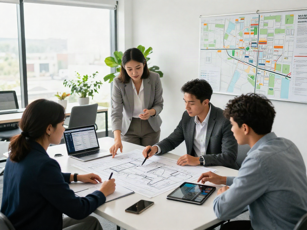 A real estate team collaborating on a property plan for depo 10k sales strategy in a modern office.