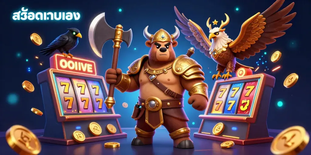 Engage with สล็อตเว็บตรง featuring a Viking bear and Valkyrie eagle in a dynamic casino scene.