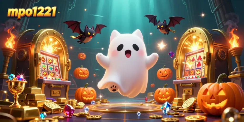 Catch the excitement with mpo1221: A ghost cat and bat explore a haunted casino filled with treasures.