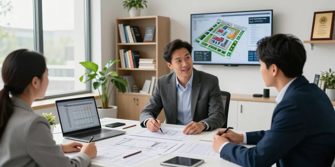 Professional engineer providing engineering services Missouri to a client, discussing plans and designs in an office setting.