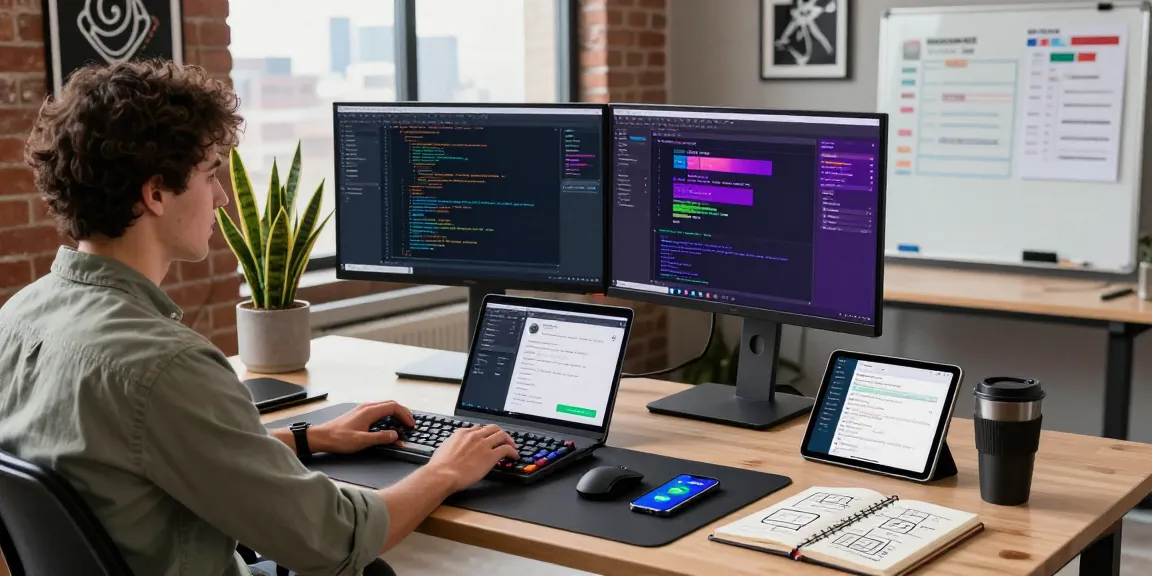 Developer using an AI code generator at a modern workspace with dual monitors, coding tools, and natural light.