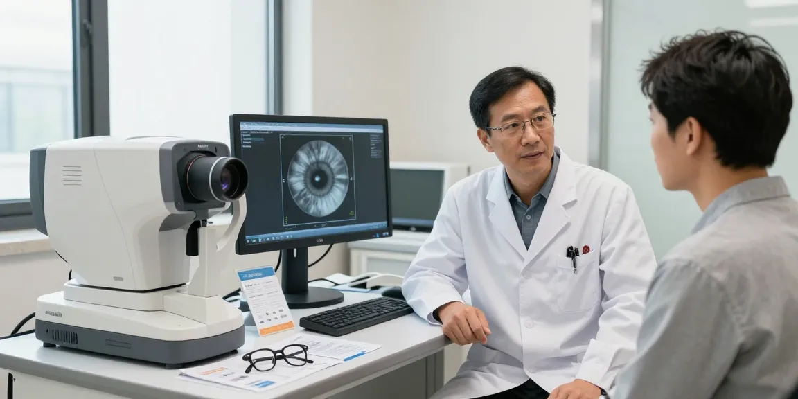 Dr. Tong Man Kit providing eye care consultation, emphasizing advanced technology and patient interaction.