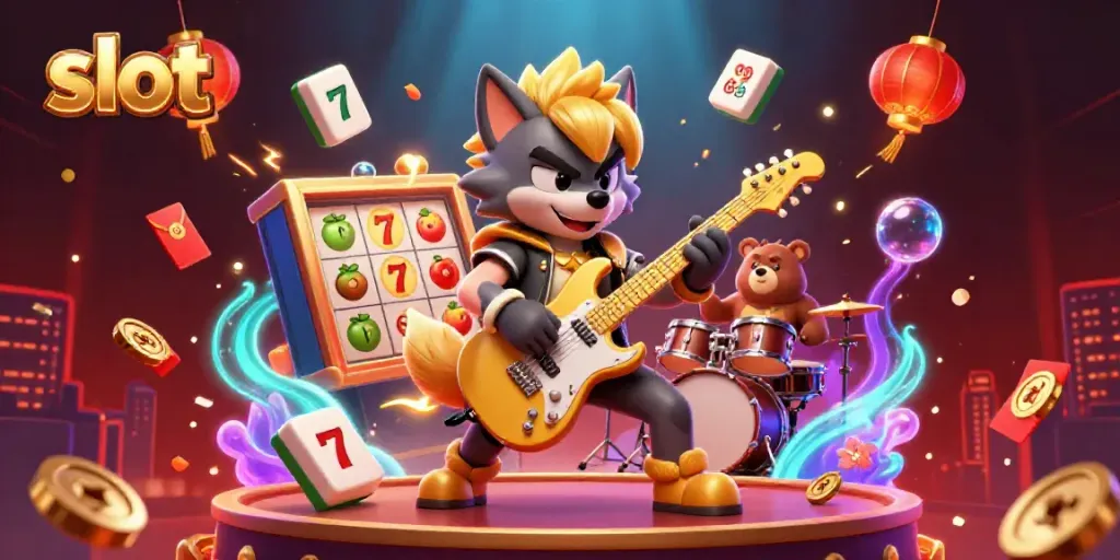 Engage with slot games through a vibrant casino scene featuring a rock star wolf and a drummer bear.