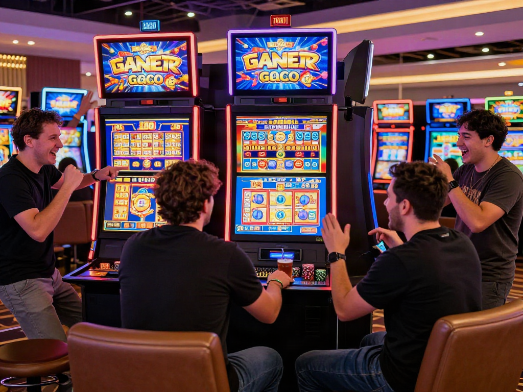 Group enjoying slot gacor games at a vibrant casino, showcasing excitement.