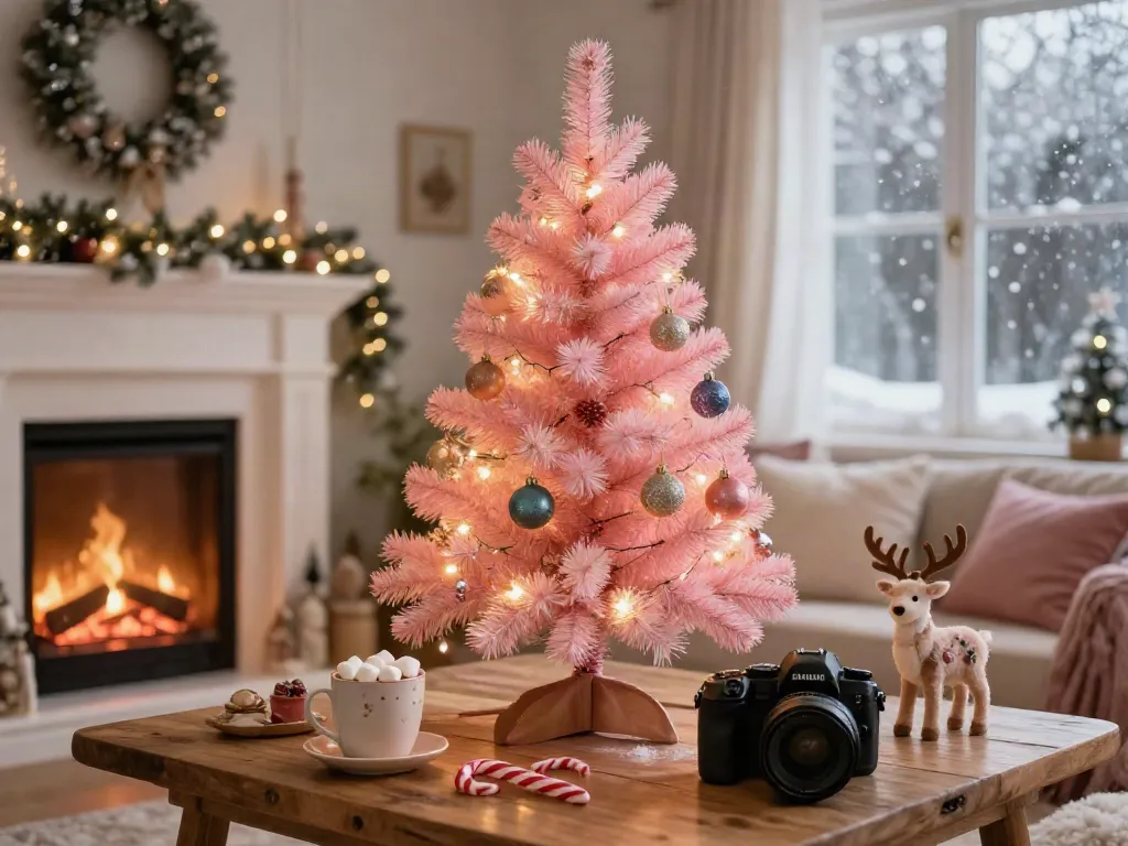 Small pink Christmas tree adorned with colorful ornaments creating a festive holiday atmosphere.