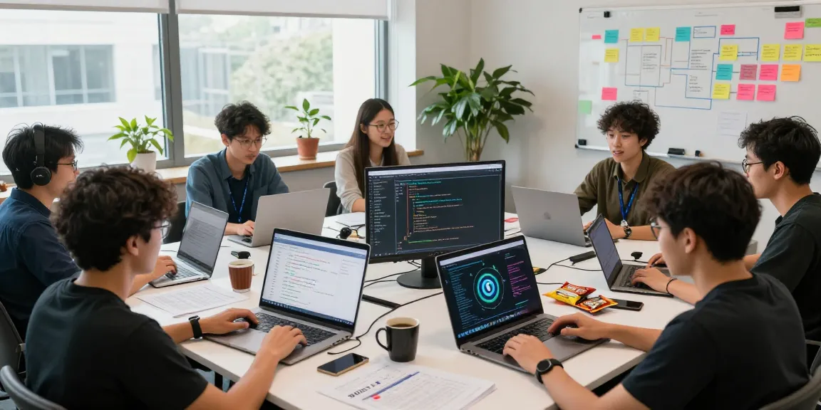 A team collaborating on openclaw skill development in a bright office with code displayed on laptops and SKILL.md files.