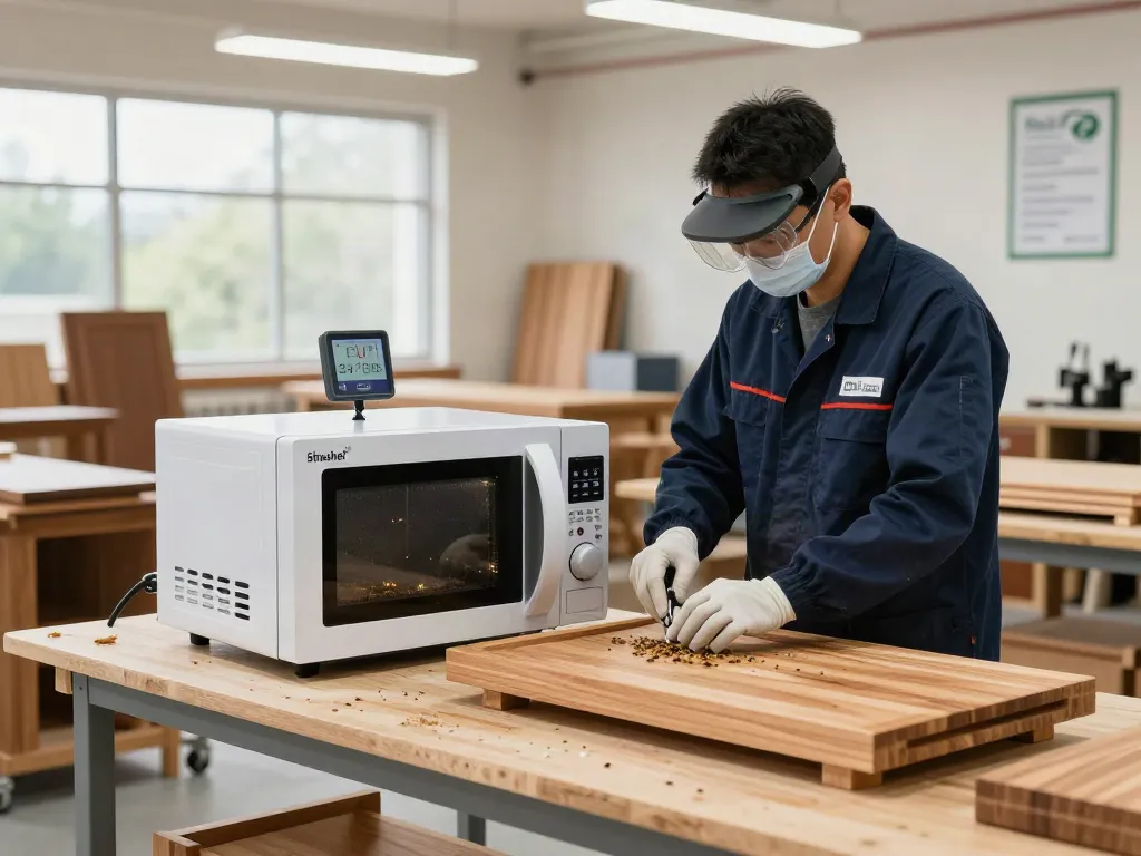 Shashel® technician demonstrating microwave equipment in a modern workshop for wood insect elimination.