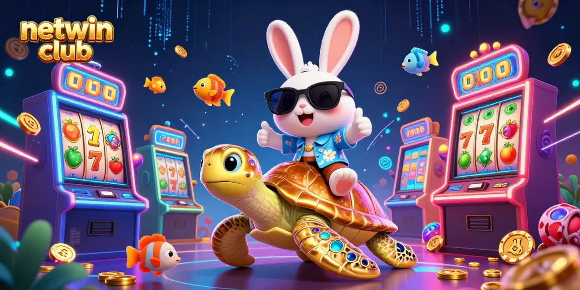 Spin to win with netwin club, featuring a lucky rabbit and a giant turtle among vibrant casino games.