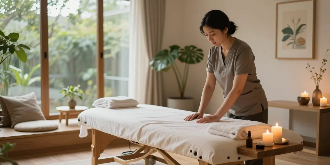 신림출장마사지 in a serene home setting with a professional therapist preparing for a soothing massage session