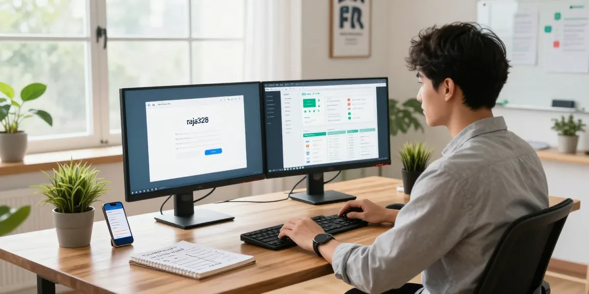 Engaged young professional at a modern desk showcasing raja328 login, with dual monitors and a bright workspace.
