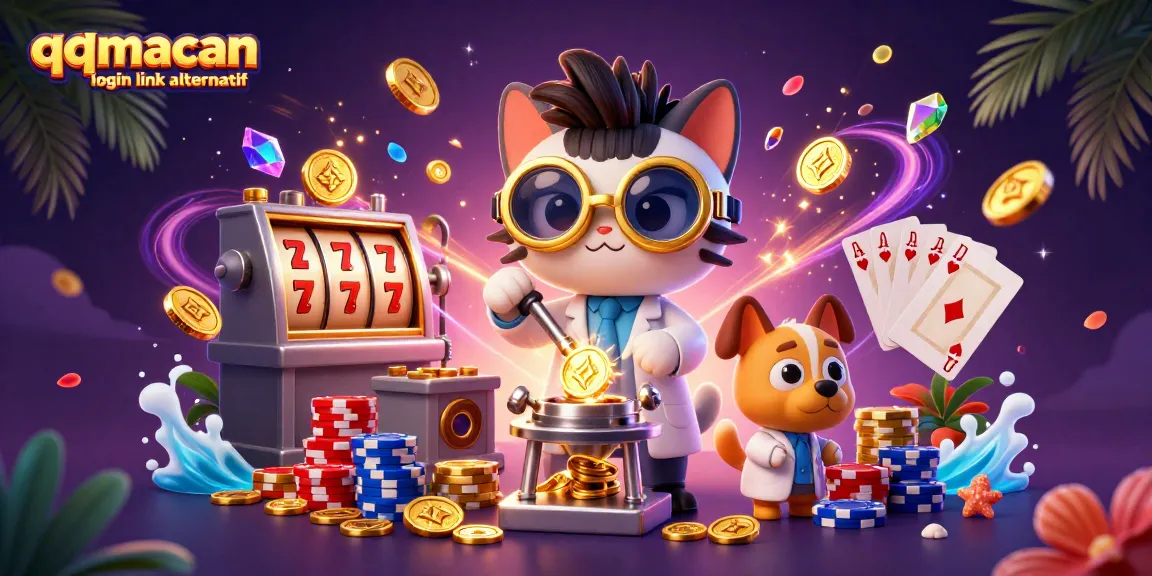 Engage with the thrilling qqmacan login link alternatif scene showcasing a mad scientist cat creating coins amidst vibrant casino elements.