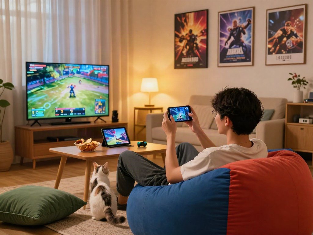 Engaged user playing MEGA888 mobile game in a cozy living room atmosphere filled with vibrant colors and exciting gaming elements.