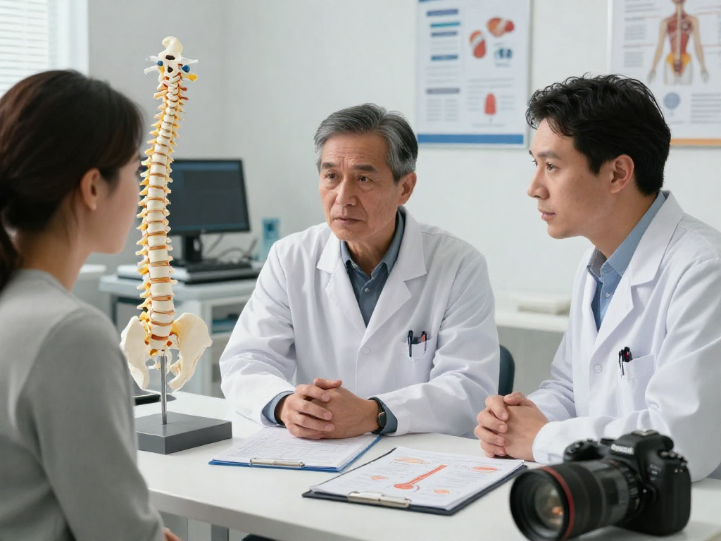 Dar kanal ameliyatı consultation in a modern medical office, emphasizing patient care and spinal health.