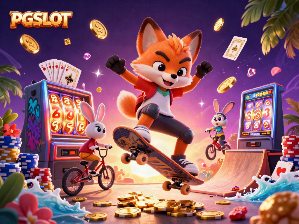 Experience endless fun with PG SLOT featuring a skateboarder fox and BMX rabbit amidst vibrant casino elements