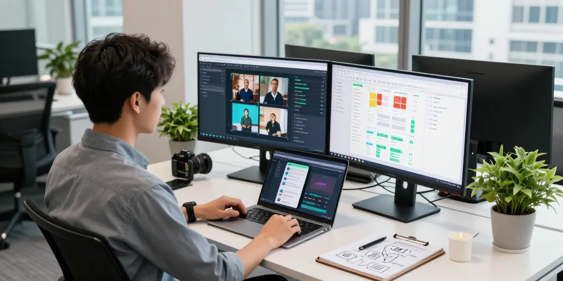Free AI image detector workspace featuring a data analyst using image detection tools on dual monitors.