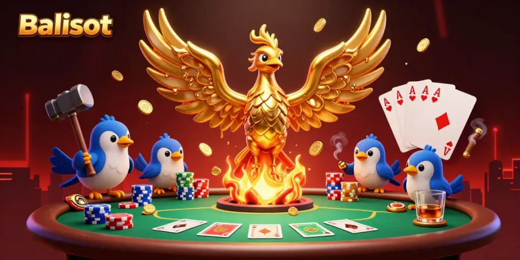 Experience the thrill of Balislot as a golden phoenix emerges with shimmering coins and vibrant casino elements.