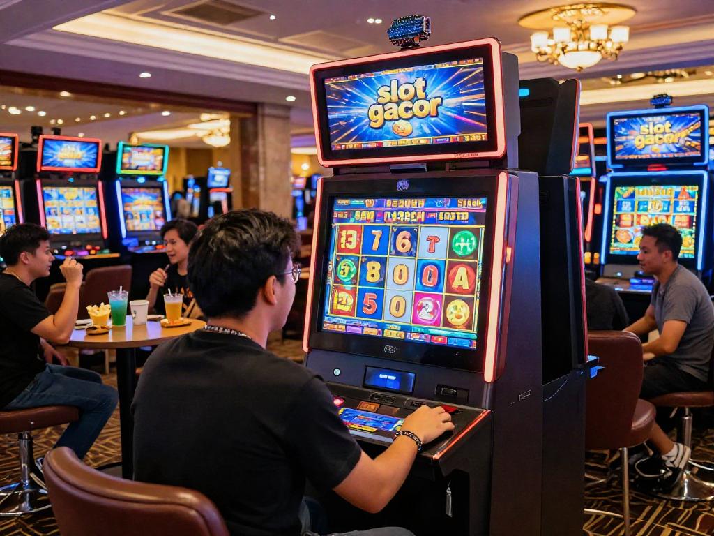 Excitement around a "slot gacor" game in a lively casino atmosphere with vibrant lighting and players.