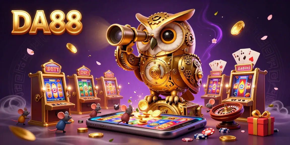 Engage with DA88 in this vibrant casino scene featuring a golden owl and lively gaming elements.