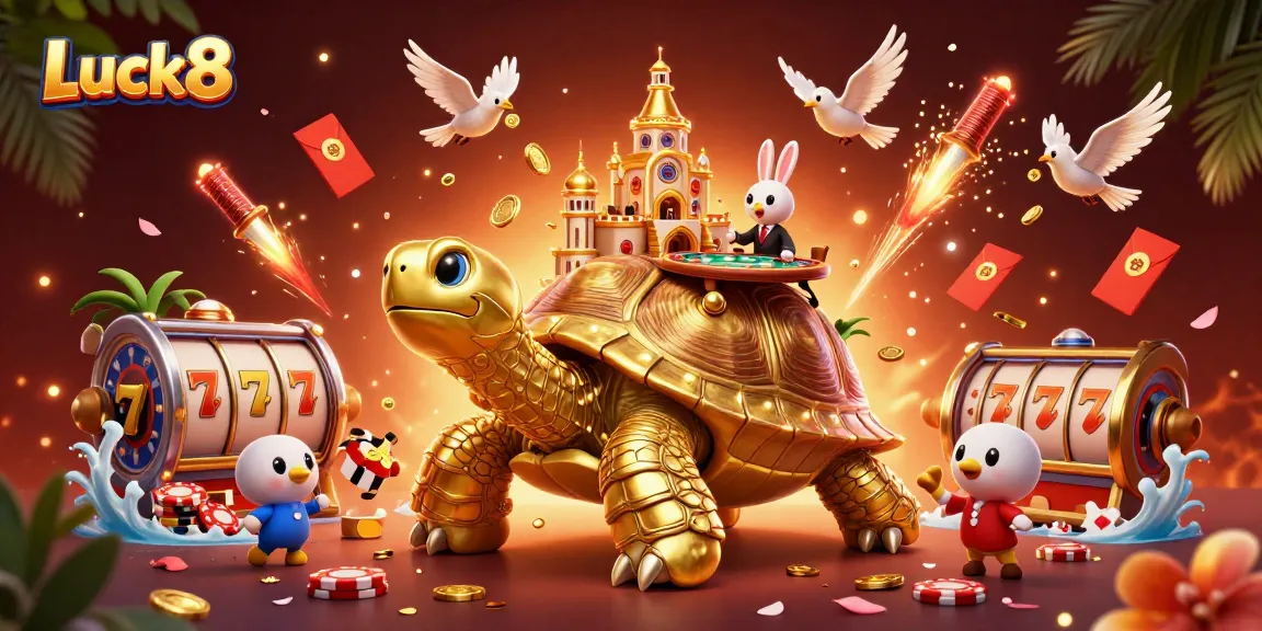 Experience Luck8's vibrant casino atmosphere with a golden tortoise and lucky dealer.