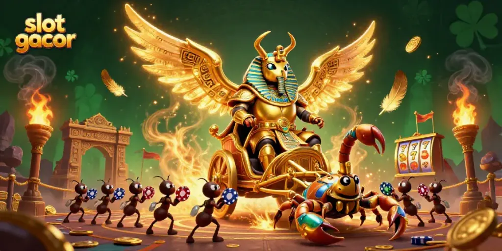 Engage with thrilling slot gacor gameplay featuring a golden scarab beetle in a vibrant casino scene.