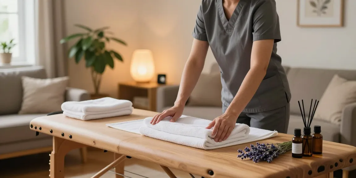 출장안마 in a relaxing home environment with therapist preparing equipment for a soothing massage experience.
