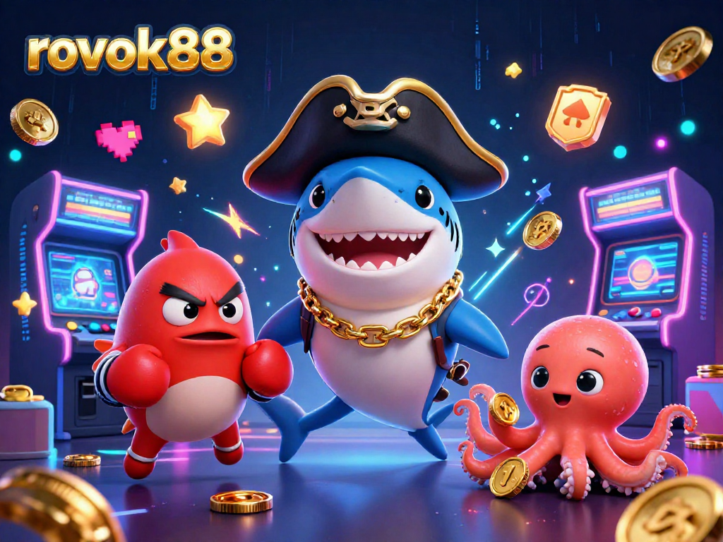 Experience the thrilling rokok88 scene with pirate shark and friends amidst glowing casino elements.