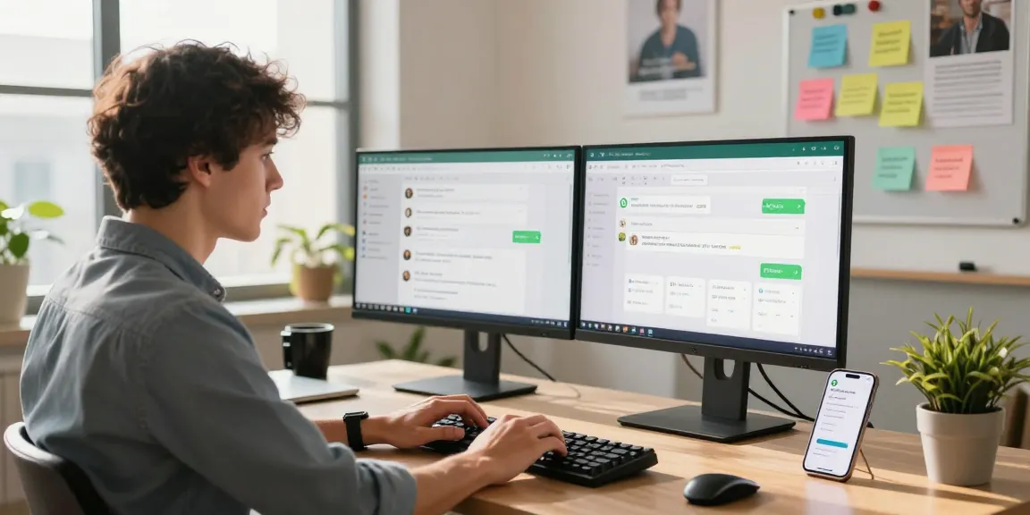 Office scene with a user engaged in WhatsApp網頁版 communications on desktop, showcasing technology and productivity.
