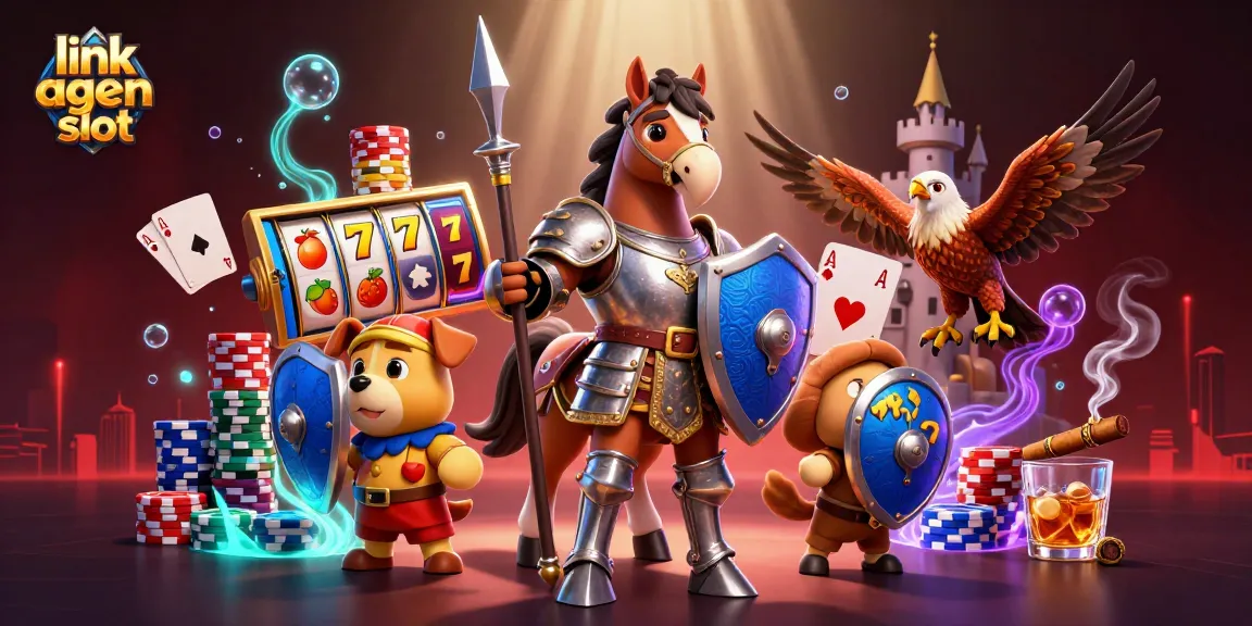 Engage with link agen slot in an immersive 3D scene featuring knights, slots, and poker elements.