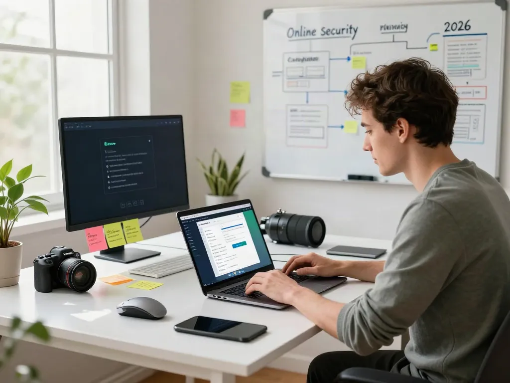 Brave browsing experience in a modern home office with tech gadgets and natural light.