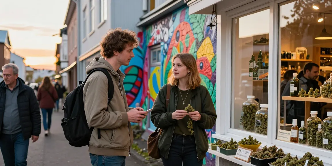 Where Can I Buy High Quality Weed In Iceland? Traveler discussing cannabis options in Reykjavik's vibrant atmosphere.