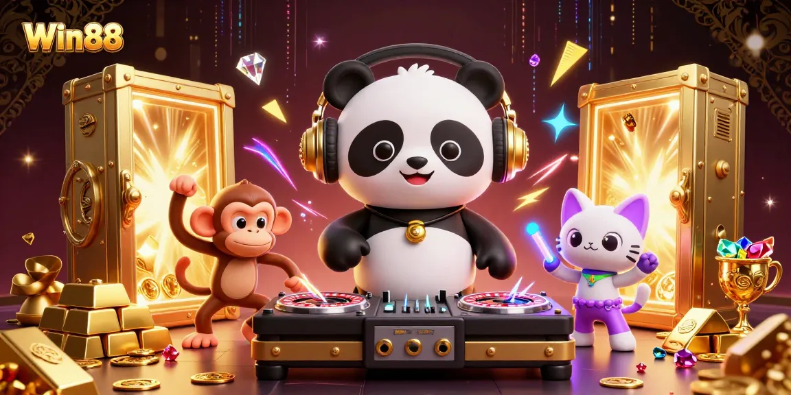 Win88 showcases a vibrant casino scene with a DJ panda, dancing monkey, and rave kitten celebrating in gold.