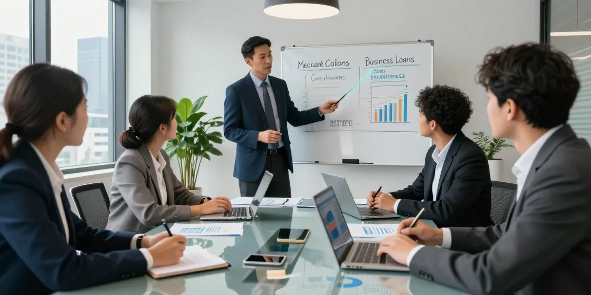 Discussing merchant cash advance vs business loan in a modern office meeting.