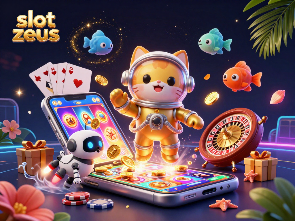 Engage in dynamic slot zeus gameplay with astronaut cat, robot dog, and vibrant game elements.