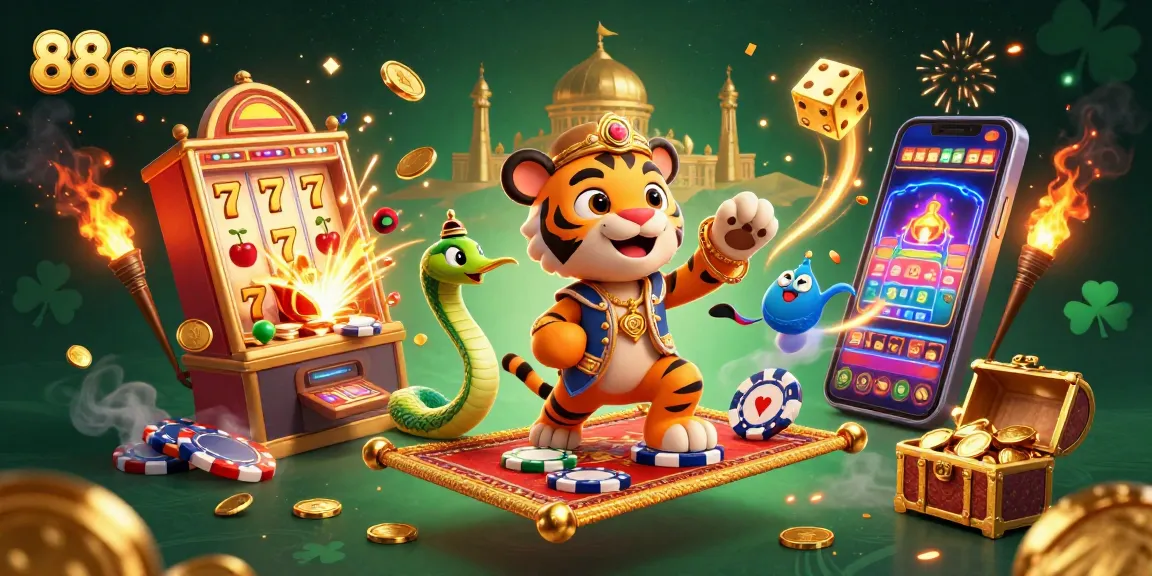 Experience the excitement of 88aa with a vibrant 3D casino illustration featuring a jackpot explosion and treasures.