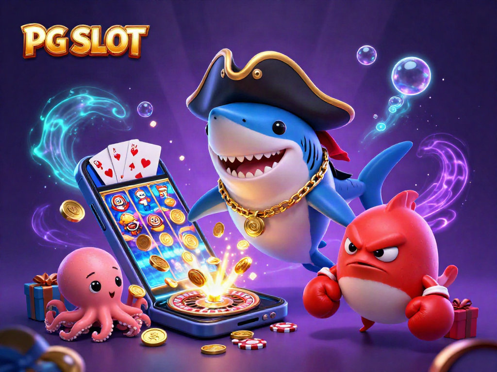 Engage with PG SLOT featuring a cartoon pirate shark, pufferfish, and octopus amidst dynamic casino elements.