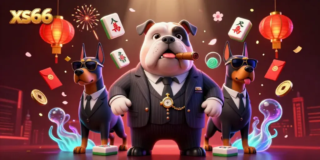 Experience the excitement of xs66 with a vibrant mafia-themed casino scene featuring floating game elements.