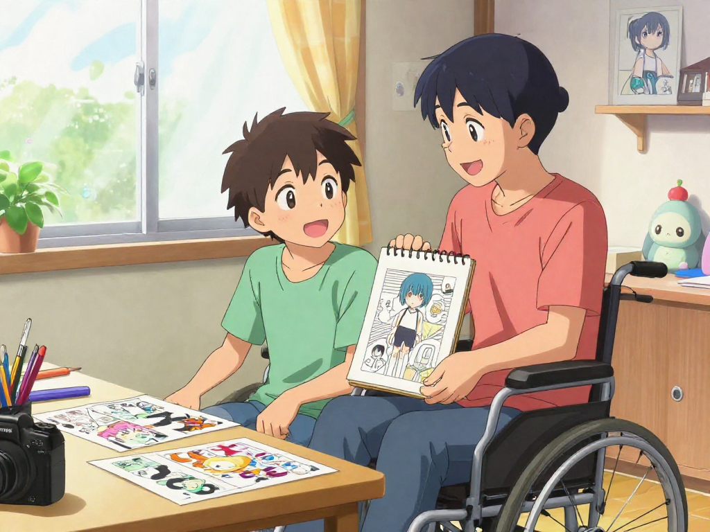 Engaging scene illustrating a caregiver and wheelchair-bound protagonist showcasing camaraderie while creating manga characters together, perfect for Hitomi Manga Reader.