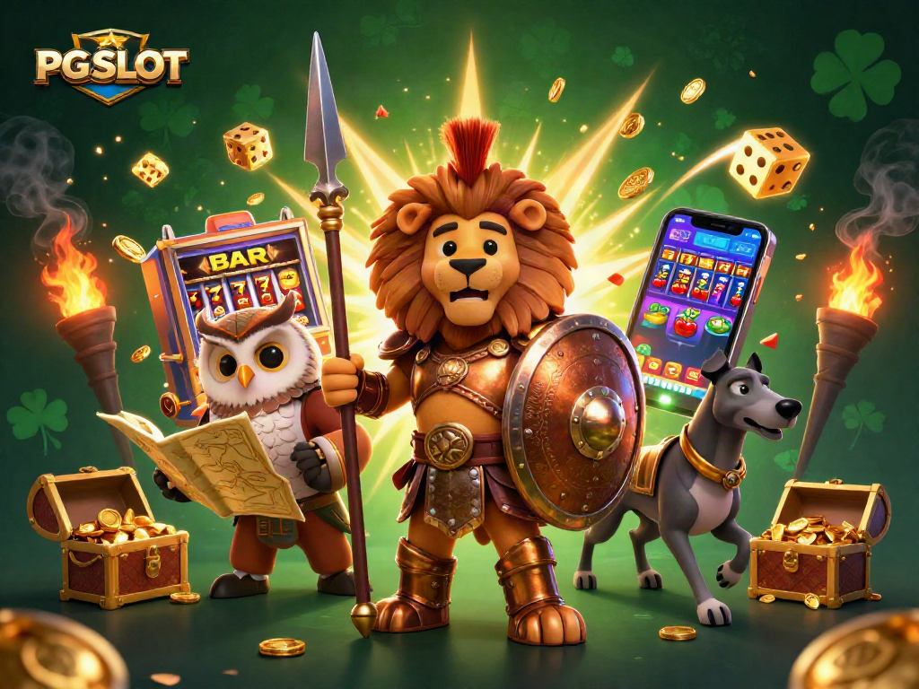 Win big with PG SLOT in this lively 3D illustration featuring epic gambling scenes.