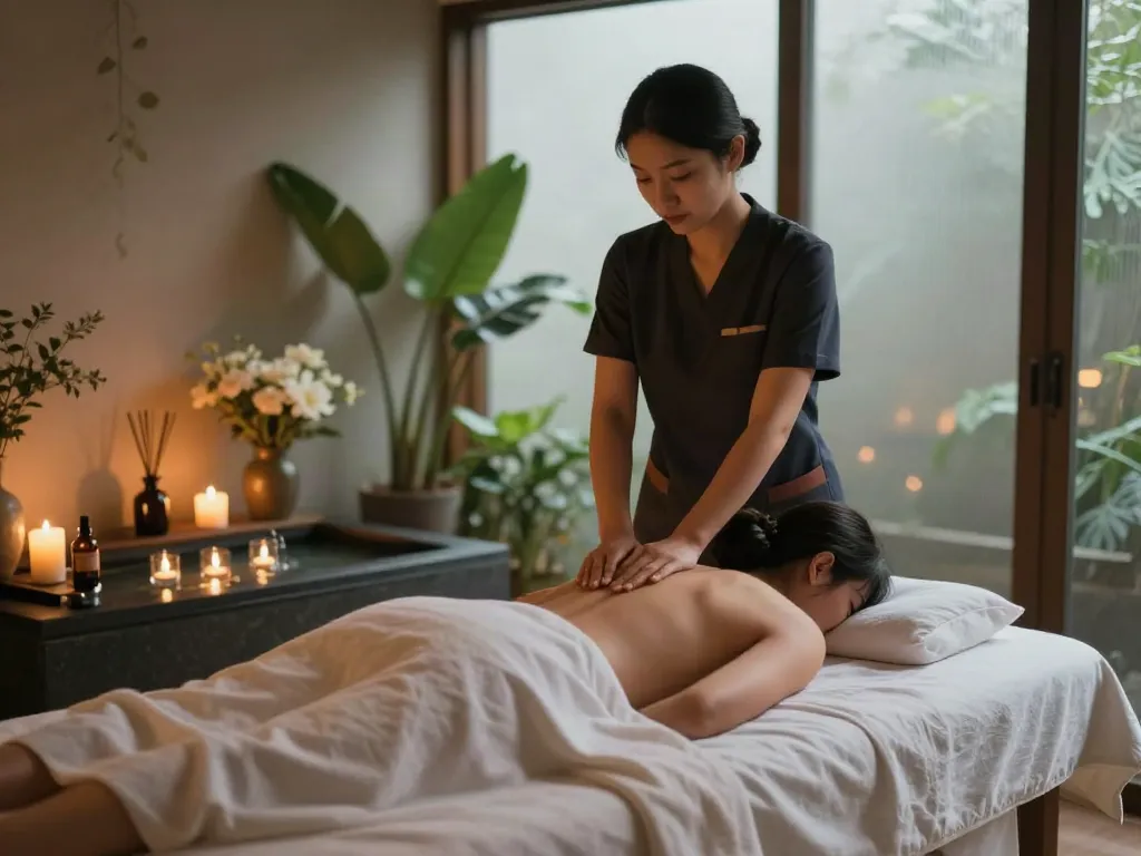 Relaxing 일산출장안마 massage therapy session in a tranquil spa setting with calming ambiance and soothing elements.