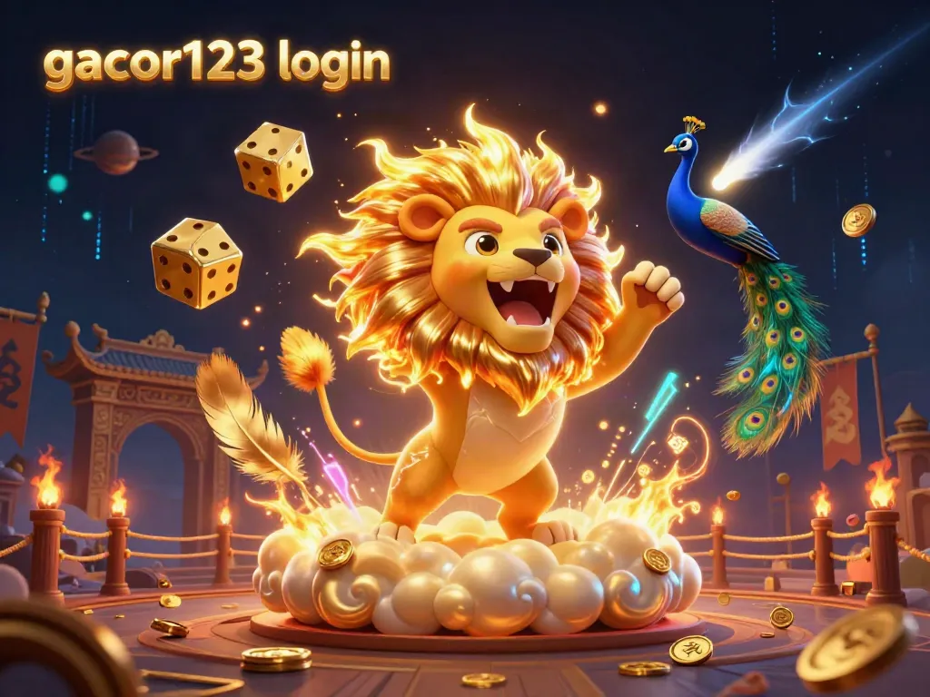 Experience the excitement of gambling with gacor123 login, featuring a dynamic scene of a roaring lion and golden dice.