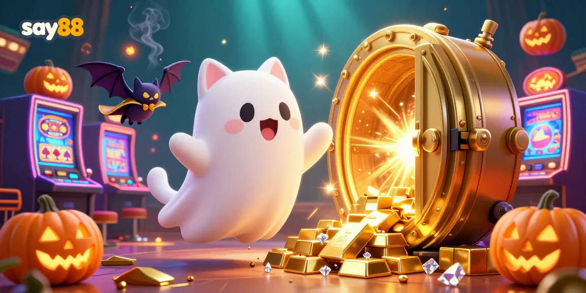 Win big at say88 with a magical ghost cat and captivating casino elements lighting up the scene.