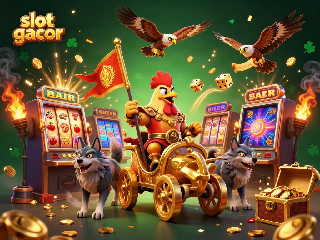 Engage in the excitement of slot gacor with a vibrant 3D casino battle scene featuring dynamic characters and playful gambling elements.