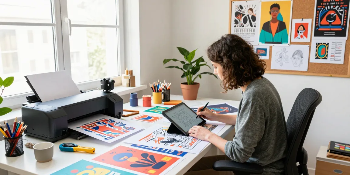 Professional designer creating custom poster printing designs in a vibrant workspace.