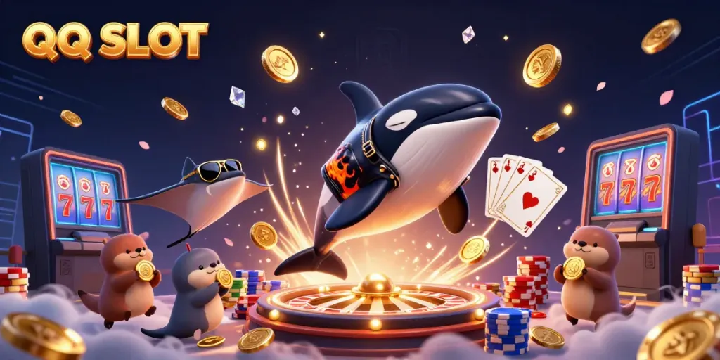 Experience QQ SLOT with vibrant characters and casino elements in an immersive 3D scene.
