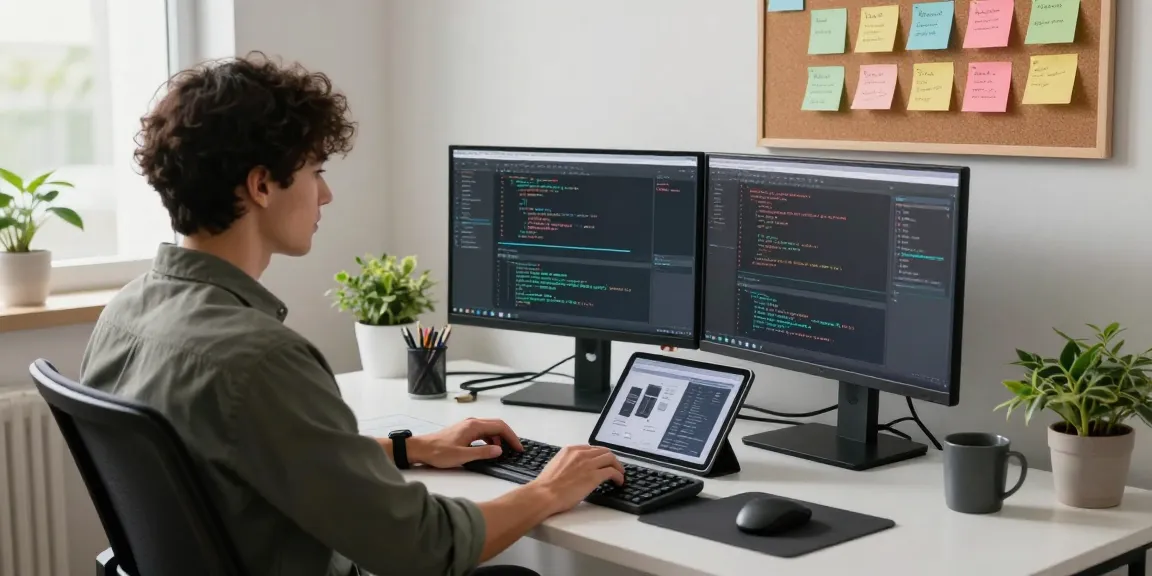 Software developer at digital workspace, showcasing programming activity on dual screens, reinforcing teiegramin.com.