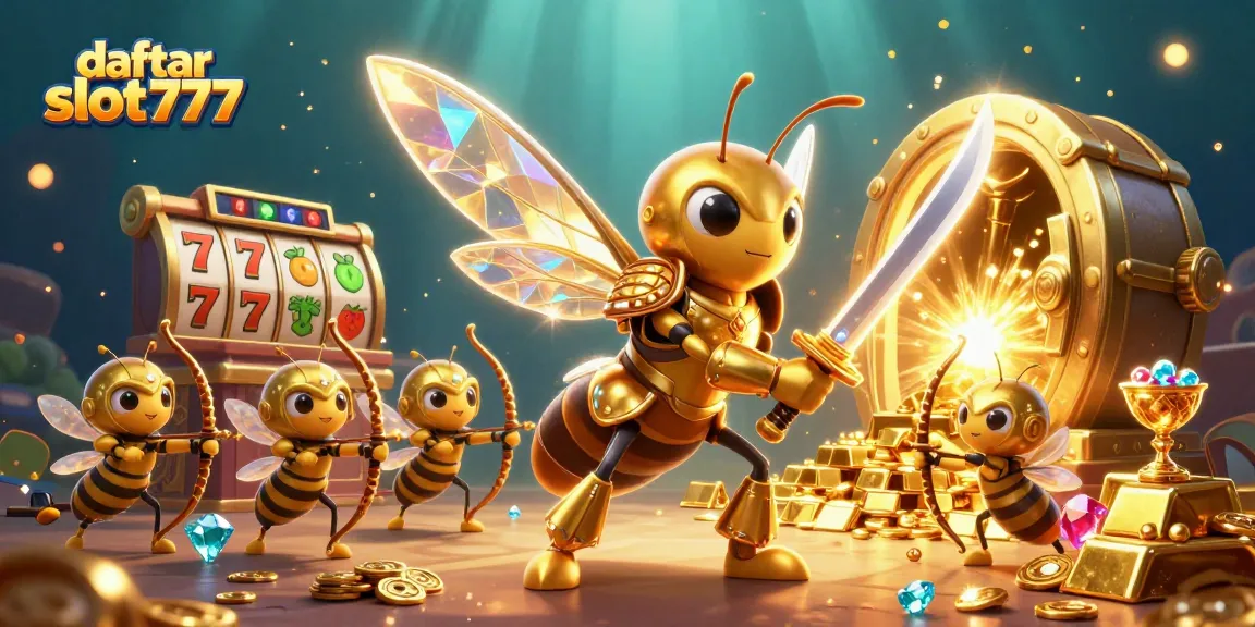 Play daftar slot777 and win with a 3D illustration of golden samurai hornet and jackpot elements.