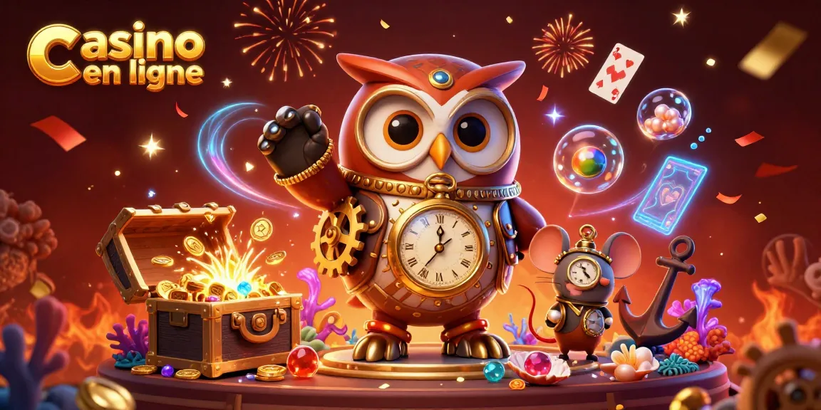Participez au monde vibrant des casinos en ligne avec cette illustration dynamique en 3D représentant un hibou voyageur temporel et une souris mécanique.