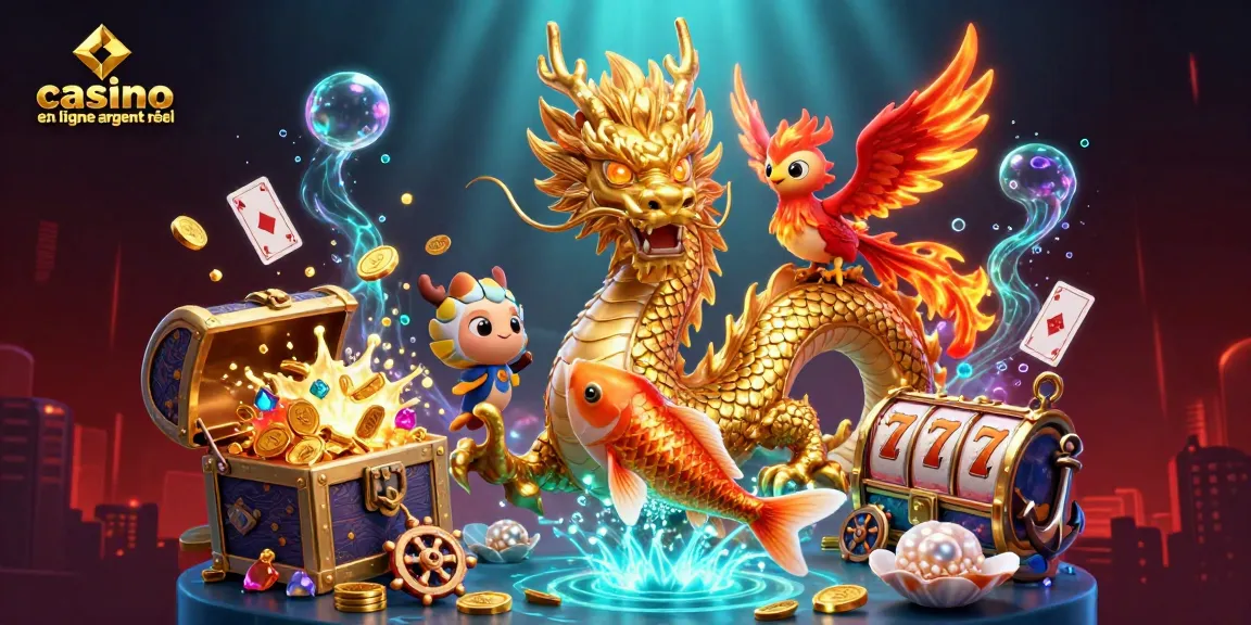 Vivez l'excitation au casino en ligne argent réel avec une illustration saisissante d'un dragon, d'un phénix et d'un poisson koi.