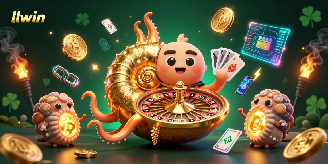 Engage with llwin's captivating gaming experience featuring a golden roulette wheel and glowing cryptocurrency elements.