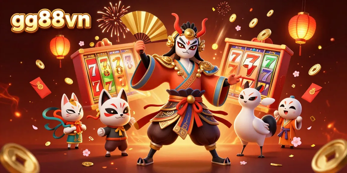 Join the exciting spinning reels at gg88vn, featuring vibrant slot game symbols and energetic characters.